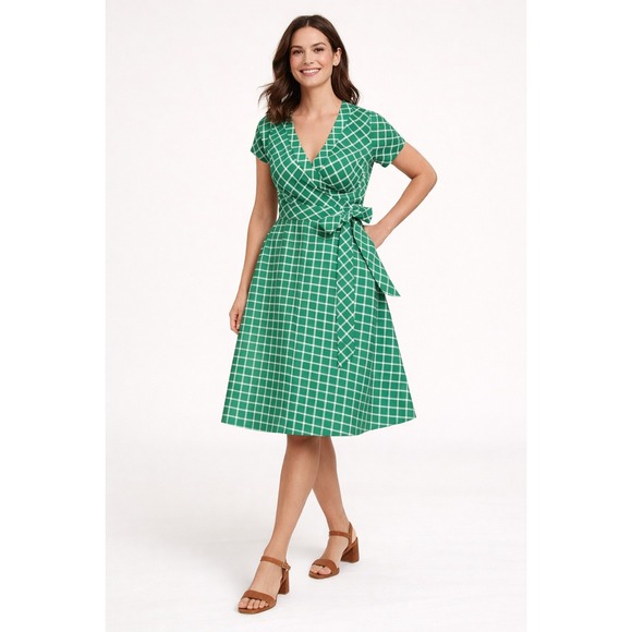 Boden Dresses & Skirts - Boden Green Geo Faux Wrap Dress Sz 14 Green Short Sleeve Tradwife Preppy